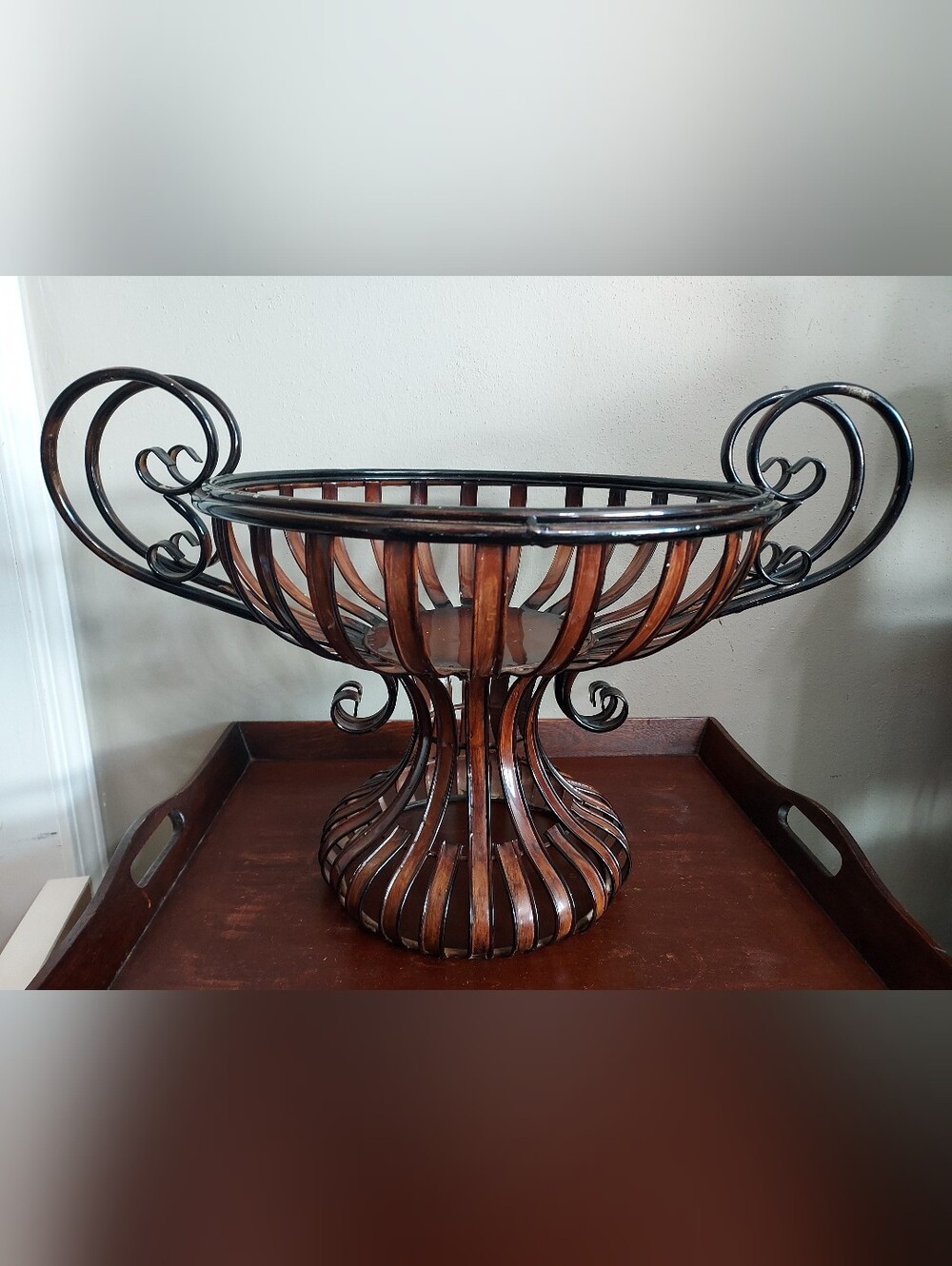 Rustic French country style metal pedestal basket fruit bowl with scroll handles